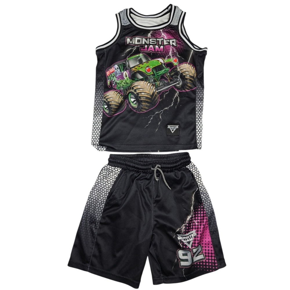 Monster Jam Grave Digger Boys Basketball Jersey Shorts Set Size M 8 Youth Mesh